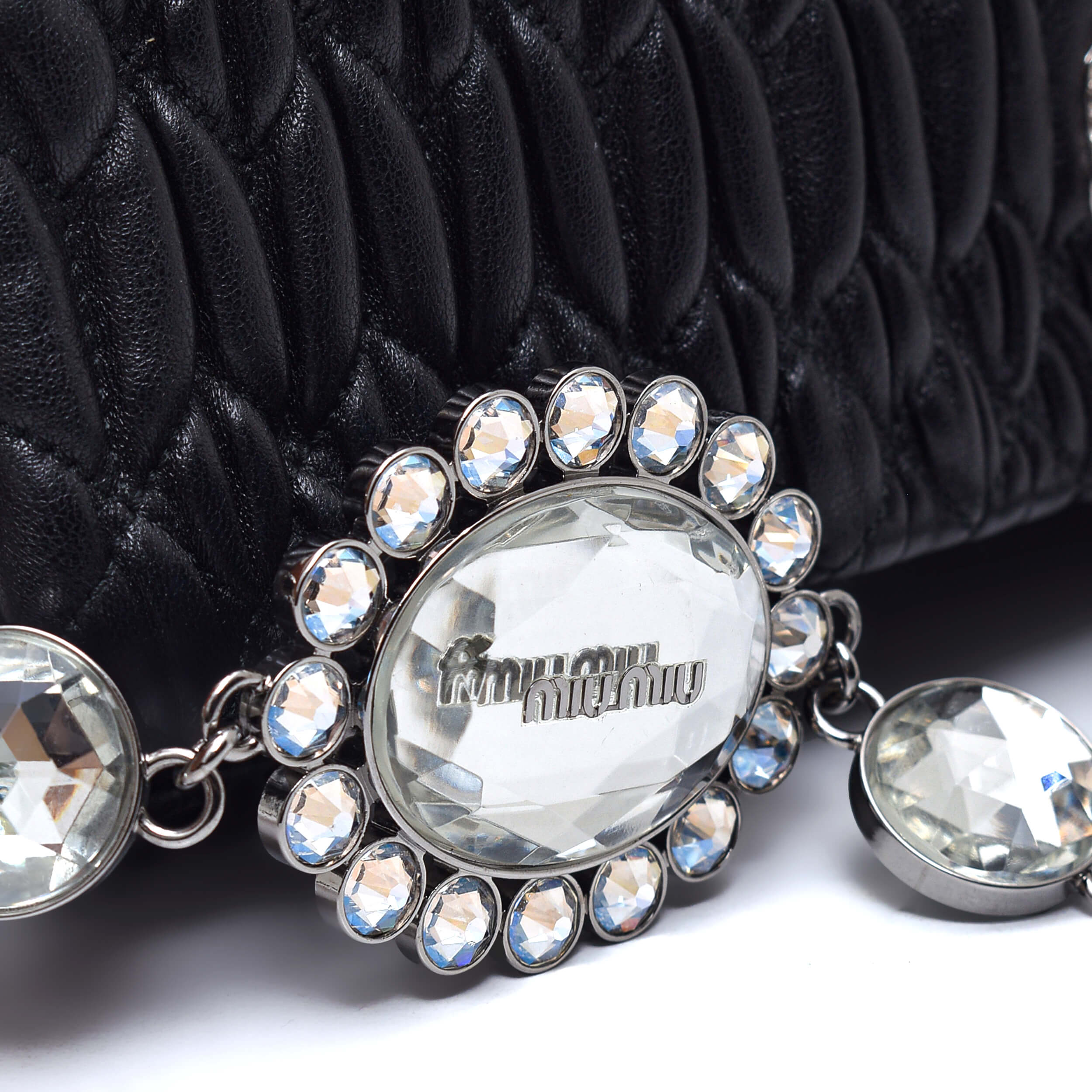 Miu Miu - Black Leather Matelasse with Crystal Strap Detail Crossbody Bag